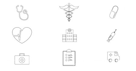 Featuring grid of nine medical icons on backdrop showing stethoscope, caduceus, pill and ambulance. Healthcare, medical, diagnostics, medicine, professionalism, healthcare design, biomedicalの写真素材