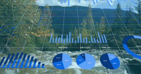 Displaying data overlay on mountain river, with grid overlay, bar pie line charts, numeric labels. Nature, landscape, analytics, digital, outdoor, technology, dataの写真素材