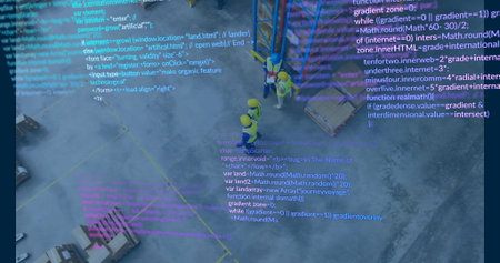 Guiding four robots with helmets, vests around pallet boxes on warehouse grid lines overlaying code....