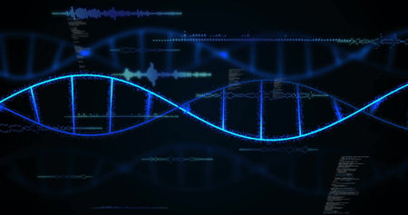 Showing glowing blue DNA helix in tech interface, featuring waveforms, code snippets, data overlays. Futuristic, digital, abstract, scientific, innovation, technology, data visualizationの写真素材