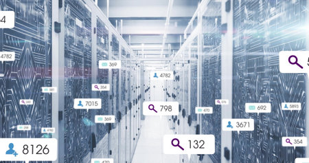 Central aisle running through data center, showing illuminated server racks and overlay widgets....
