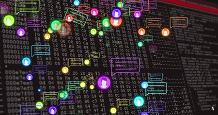 Displaying cluster of floating network nodes in cyberspace, with user icons and code streams....