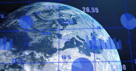 Showing Earth globe on data dashboard with blue gridlines, pie and bar charts and numeric overlays....