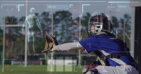 Catcher catching incoming baseball on grass field, with helmet, mitt and HUD graphics, copy space. Protective gear, athletic performance, outdoor sports, high-tech equipment, fitness innovationの写真素材