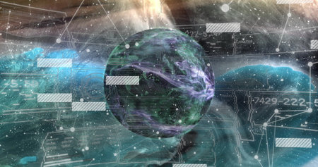 Central purple-green planet spinning in cosmic data interface, with nebula clouds and network lines. Futuristic, abstract, cosmic, digital, holographic, science, technologyの写真素材