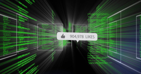 Streaming green code lines through digital tunnel, showing notification bubble with 904,978 likes. Futuristic, digital, technology, data, cyber, innovation, abstractの写真素材