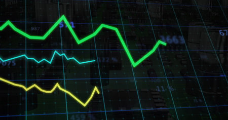 Displaying green yellow cyan line graphs on dashboard, with grid numeric percent markers, circuitry....