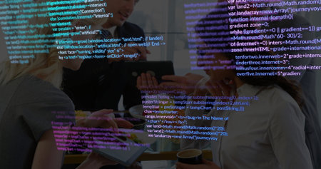 Reviewing tech team wearing business attire discussing code at table in office, with code overlay....
