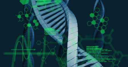 Displaying 3D DNA helix floating in data interface, with molecular graphs and code overlays....