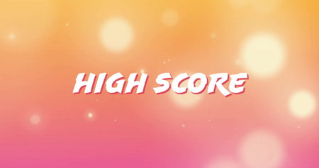 Displaying stylized high score text glowing over gradient background, with scattered light spots. Digital art, vibrant, celebratory, modern, motivational, abstract, gamificationの写真素材