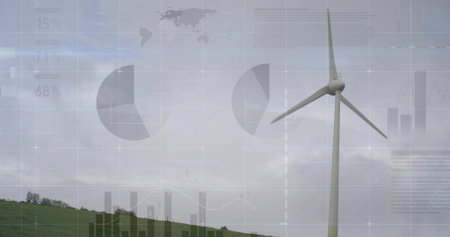 Displaying wind turbine generating data on green hill, with data graphics overlay. Renewable,...