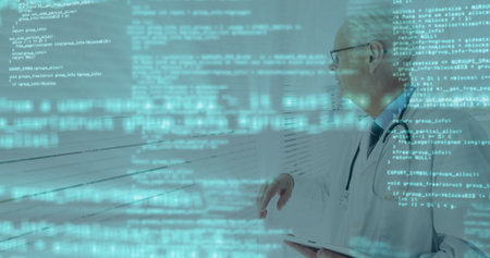 Lab-coated doctor pointing at code display in research lab, with tablet, stethoscope, copy space. Technology, innovation, healthcare, digital, professionalism, futurism, scienceの写真素材