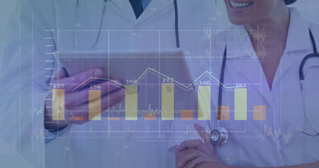 Two doctors in coats with stethoscopes using tablet at clinic, with bar and line chart overlay. Healthcare, collaboration, digital, diagnostic, analysis, professional, innovationの写真素材