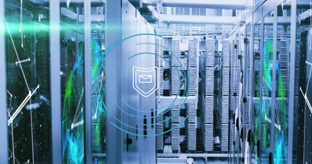 Illuminating central server racks showing shield icon with envelope in data center corridor....