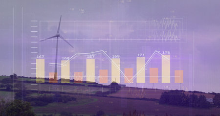 Overlaying semi-transparent bar chart and line graph on rural farmland with white wind turbine. Renewable, sustainability, landscape, technology, rural, data visualization, eco-friendlyの写真素材