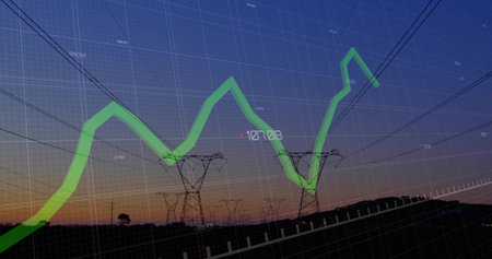 Displaying electricity pylons over rural field at dusk, featuring grid and green line chart 107.08. Energy, infrastructure, technology, sustainability, data visualization, landscape, engineeringの写真素材