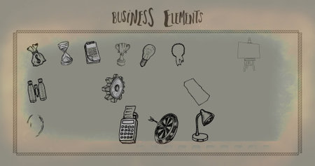 Displaying sketched business icons on parchment backdrop, with money bag, hourglass and light bulb. Vector illustrations, creativity, branding, minimalistic, office culture, professional, vintage styleの写真素材