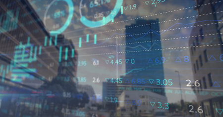 Displaying tall glass skyscraper rising over financial street, with stock market overlays. Urban, business, corporate, modern, financial, technology, skyscraperの写真素材