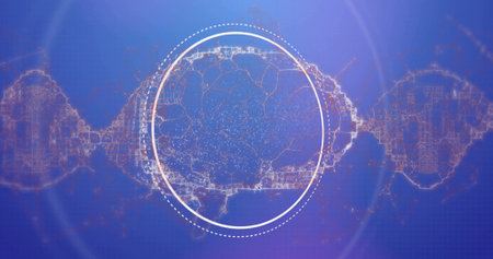 Showing white dotted circle overlay framing network-like lines on color gradient, with lens flares. Futuristic, digital, abstraction, technology, innovation, connectivity, data visualizationの写真素材