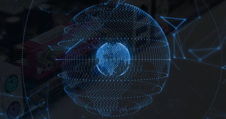 Floating holographic globe displaying digital network nodes in tech lab, with wireframe connections....
