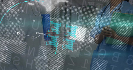 Analyzing two doctors in scrubs scanning holographic world map and charts in lab, with tablet. Innovation, collaboration, technology, healthcare, data visualization, digital interface, scientific researchの写真素材