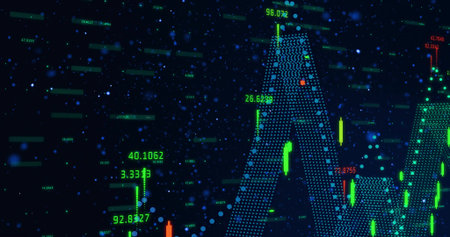 Showing dot-matrix financial chart rising on UI with candlestick bars, numeric labels and particles....