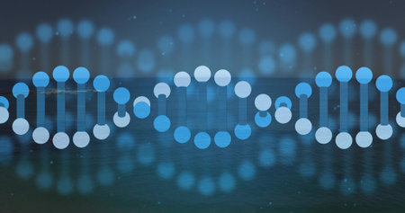 Glowing digital DNA helix pattern floating on teal water surface, with ambient light particles. Futuristic, abstract, scientific, holographic, biotechnology, innovation, serenityの写真素材