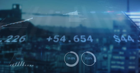 Displaying financial dashboard overlay over dusk skyline, with translucent charts and metrics. Analytics, data visualization, financial technology, urban landscape, modern interface, digital economy, investment insightsの写真素材