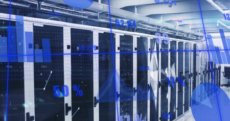 Displaying white server cabinets lining climate control data center corridor, with digital overlays....