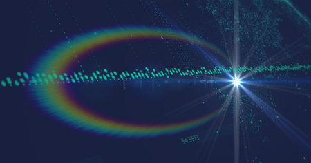 Bright star-like flare emitting radial beams in data visualization with rainbow ring, copy space. Technology, innovation, digital, futuristic, data, science, abstractの写真素材