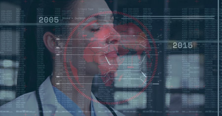 Doctor wearing white coat and stethoscope examining interface at hospital with map overlay. Medical, futuristic, technology, innovation, healthcare, data, researchの写真素材