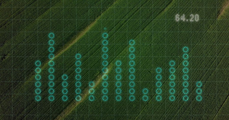 Displaying turquoise markers forming columns over crop rows, dirt track gridlines labeling 64.20. Agribusiness, data visualization, agriculture, aerial, geometric, precision farming, analyticsの写真素材