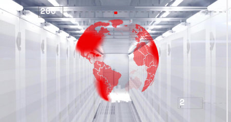 Projecting red digital globe over server racks in data center corridor, showing numeric UI bars....