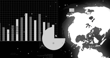 Displaying interface featuring bar chart, donut chart on dark screen, world map, boxes, copy space. Analytics, visualization, dashboard, technology, data, digital, metricsの写真素材