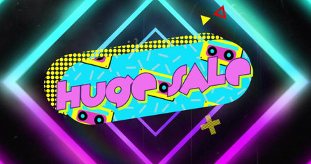 Showing cyan oval banner with pink HUGE SALE on neon diamond outlines, cassette icons and sprinkles....
