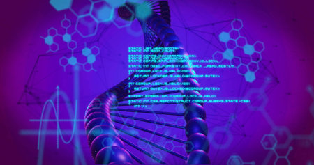 Rotating 3D DNA double helix in digital environment, with code overlay, hexagons, waveform graphic....