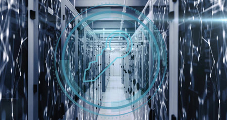 Floating blue digital key symbol hovering in data center corridor, with server racks, patch cables....