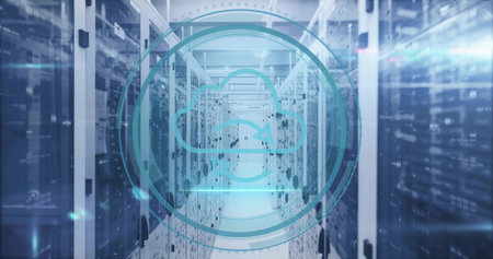 Projecting translucent teal cloud icon overlay in data center aisle, highlighting server racks....