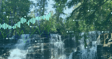 Flowing waterfall cascading over layered rock ledges in forest with digital charts overlay. Nature, data visualization, outdoor, analytics, digital art, environmental, forest landscapeの写真素材