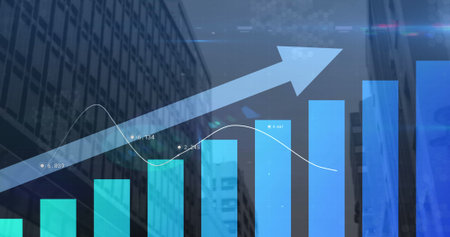 Image of blue arrow with statistics processing over cityscape. global business, finances, data processing and digital interface concept digitally generated image.の写真素材