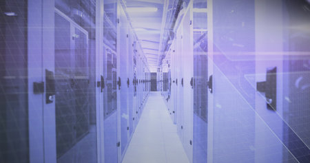 Image of scope scanning and data processing over man in vr headset working in office. Computer interface and business technology concept.の写真素材