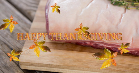 Image of happy thanksgiving text over fall leaves and turkey. Thanksgiving, celebration and digital interface concept digitally generated image.の写真素材