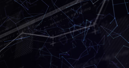 Central cluster glowing wireframe triangles connecting lines in digital network, with code snippets. Futuristic, abstract, technology, data, cyber, digital art, networkの写真素材