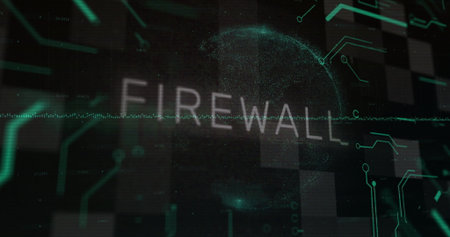 Displaying FIREWALL label over digital sphere on network map, with neon-green circuitry. Cybersecurity, digital, technology, protection, network, safety, futuristicの写真素材