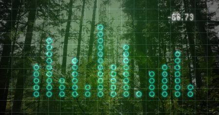 Showing bar chart grid overlaying misty pine forest, with glowing turquoise nodes and readout 66.73. Nature, data visualization, technology, ecological, environmental, digital, forestの写真素材
