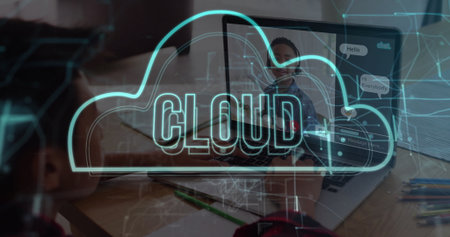 Connecting schoolboys learning online at home desk, with laptop, headset and colored pencils. Collaboration, education, technology, communication, digital, innovation, youthの写真素材