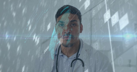Showing male doctor wearing lab coat with stethoscope in lab, with holographic world map overlays. Medical, technology, futuristic, healthcare, digital, innovation, professionalの写真素材