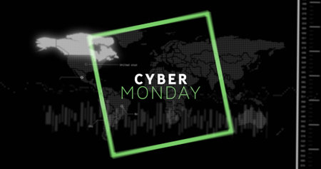 Neon green frame enclosing CYBER MONDAY text on digital world map interface, with bar chart scale. Futuristic, technology, analytics, data, global, digital, interfaceの写真素材