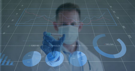 Researcher in lab coat holding test tube and analyzing holographic overlays on panel in lab....
