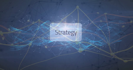 Displaying translucent overlay showing Strategy in data space, with blue waves and golden nodes. Technology, innovation, connectivity, data, analytics, digital, futuristicの写真素材